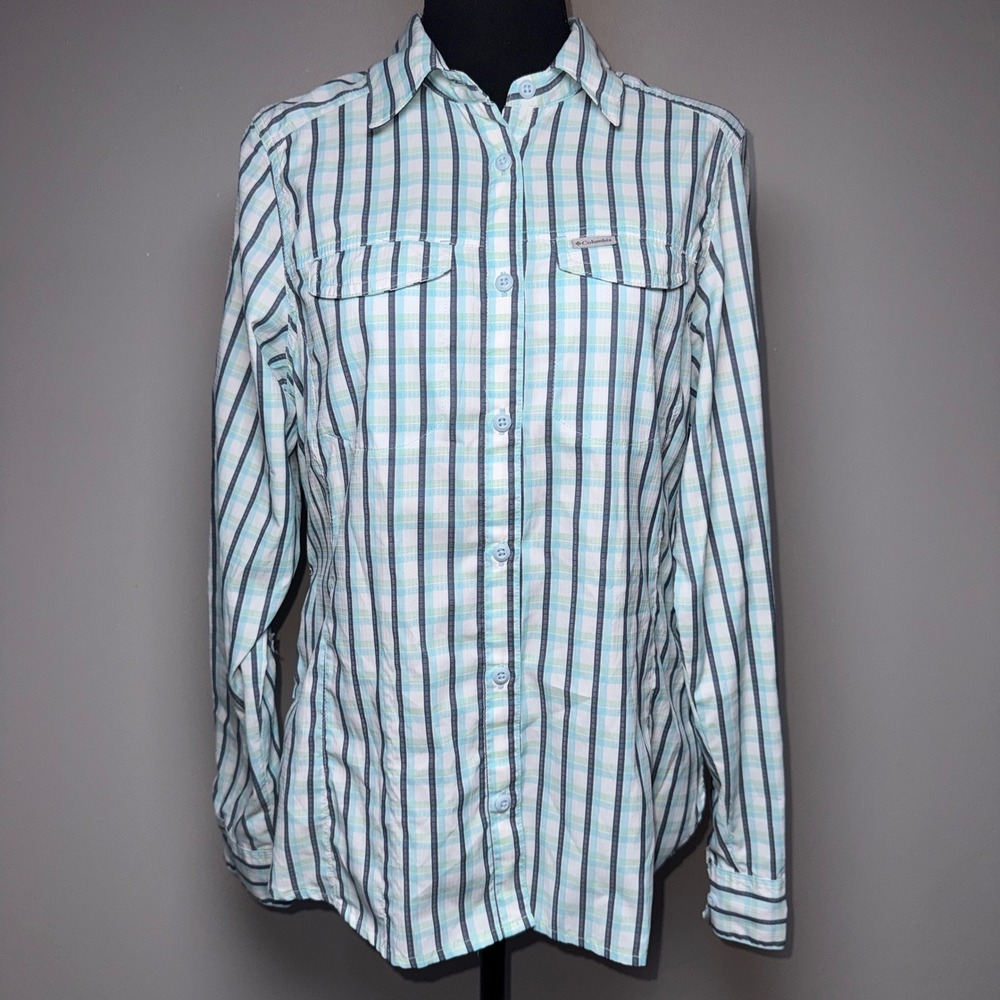 Columbia Omni-Shade Womens Medium Plaid Hiking Shirt Long Sleeve Blue Green